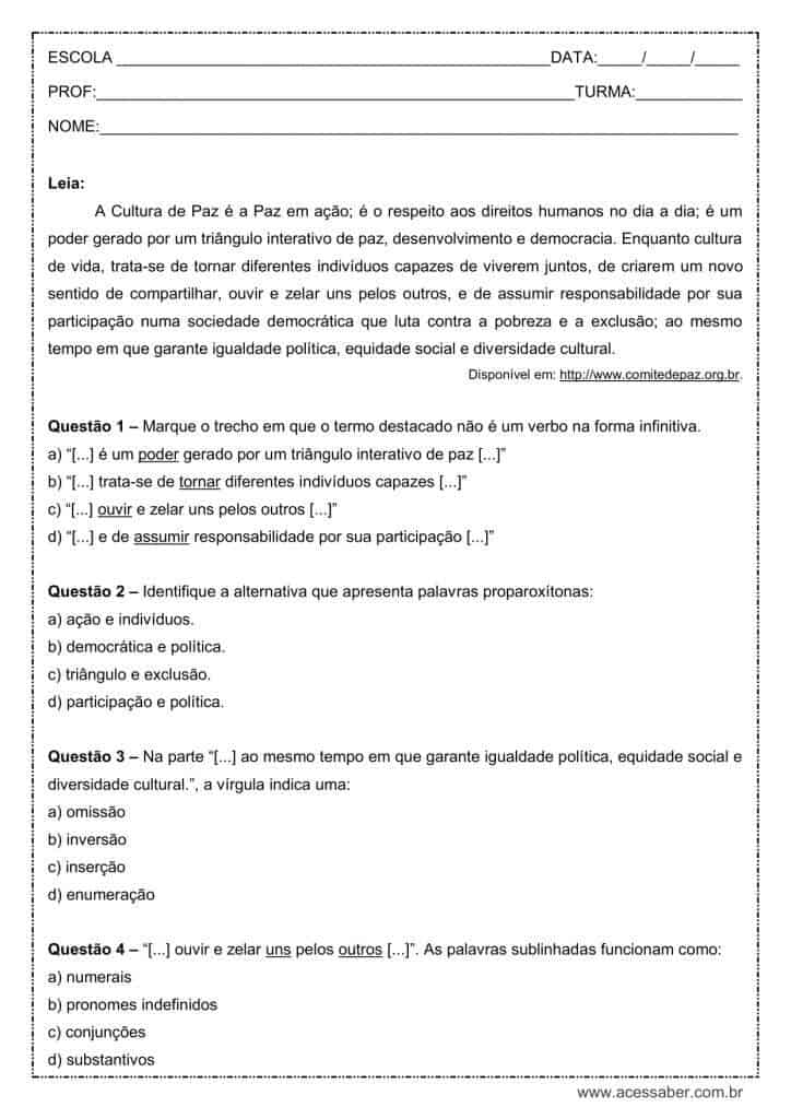 Atividade de português: Verbo no infinitivo - 9º ano