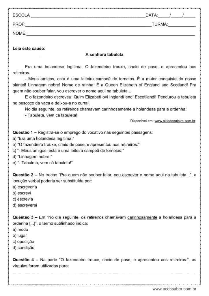 Atividade de português: Vocativo - 8º ano