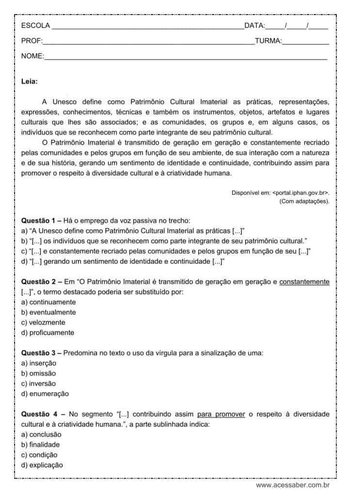 Atividade de português: Voz passiva – 8º ano Atividade de língua portuguesa: Voz passiva - 8º ano
