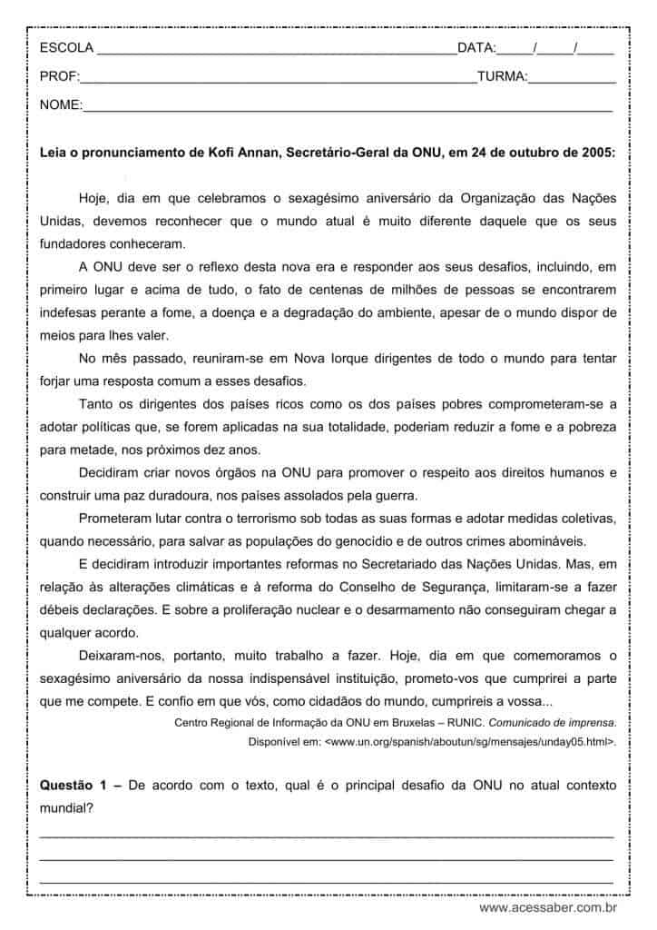 Interpretação de texto: Discurso do Secretário Geral da ONU - 9º ano -  Acessaber