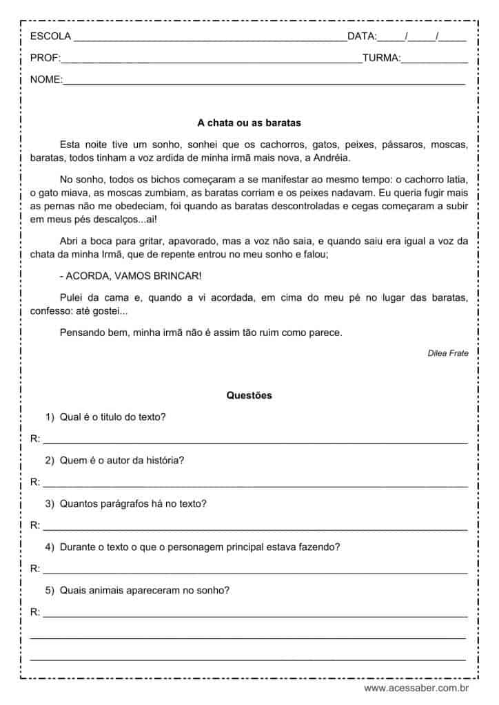 Interpretação de texto: A chata ou as baratas – 3º ou 4º ano Interpretação de texto: A chata ou as baratas - 3º ou 4º ano