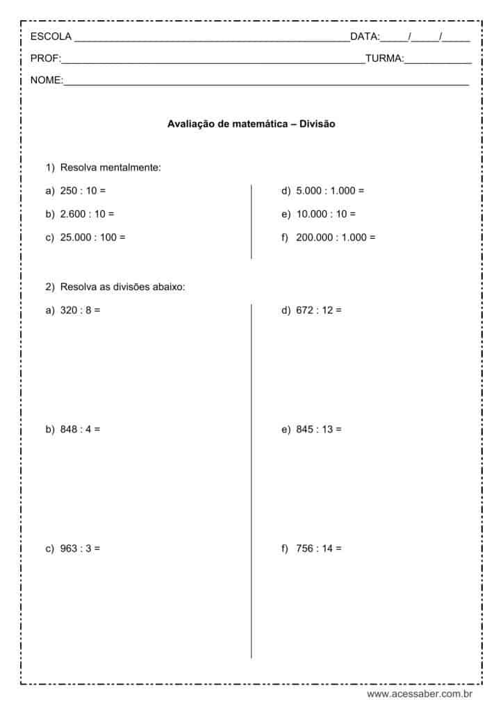 Exercícios de Divisão para o 4º Ano do Ensino Fundamental