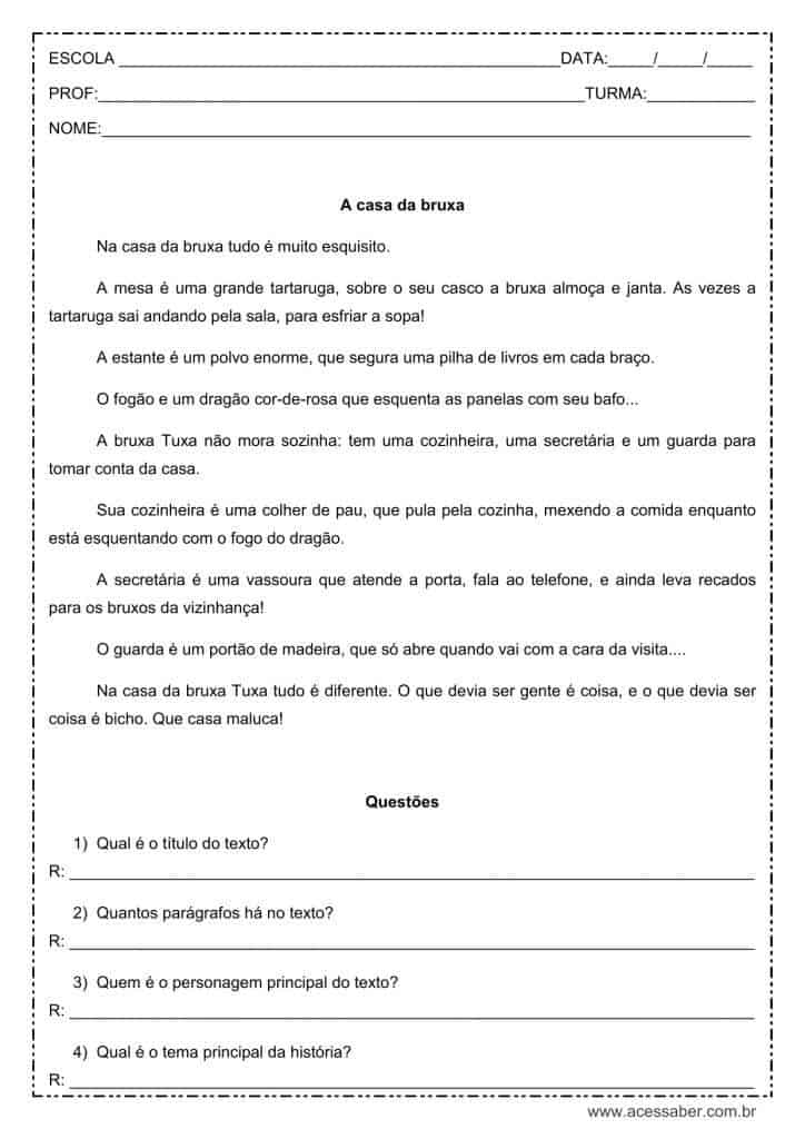 Interpretação de texto: A casa da bruxa – 3º ou 4º ano Interpretação de texto: A casa da bruxa - 3º ou 4º ano