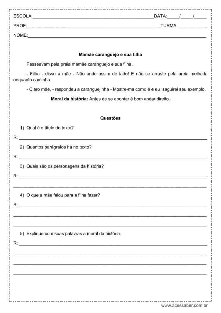 Interpretação de texto: Mamãe caranguejo e sua filha – 3º ou 4º ano Interpretação de texto: Mamãe caranguejo e sua filha - 3º ou 4º ano
