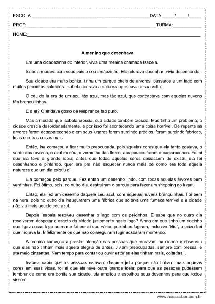 Interpretação de texto: A menina que desenhava – 4º ou 5º ano Interpretação de texto: A menina que desenhava - 4º ou 5º ano