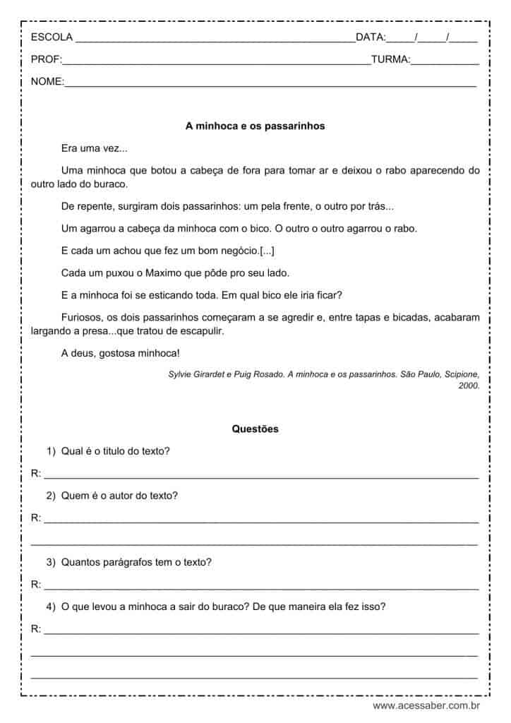 Interpretação de texto: A minhoca e os passarinhos – 3º ou 4º ano Interpretação de texto: A minhoca e os passarinhos - 3º ou 4º ano