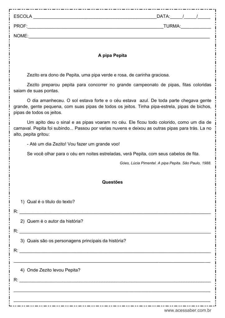 Interpretação de texto: A pipa Pepita – 2º ou 3º ano Interpretação de texto: A pipa Pepita - 2º ou 3º ano
