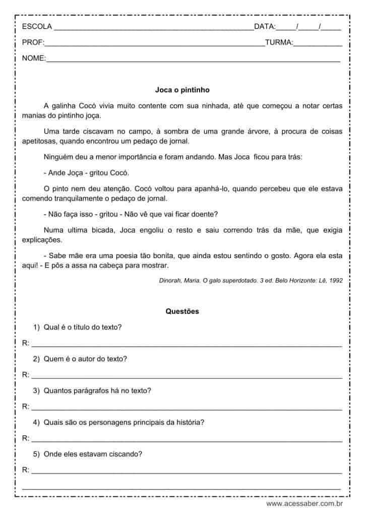 Interpretação de texto: Joca o pintinho – 4º ou 5º ano Interpretação de texto: Joca o pintinho - 4º ou 5º ano
