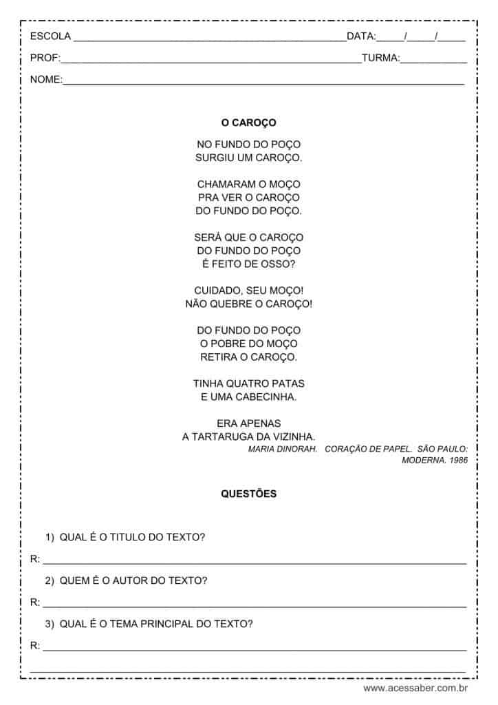 Interpretação de texto: O caroço – 1º ou 2º ano Interpretação de texto: O caroço - 1º ou 2º ano