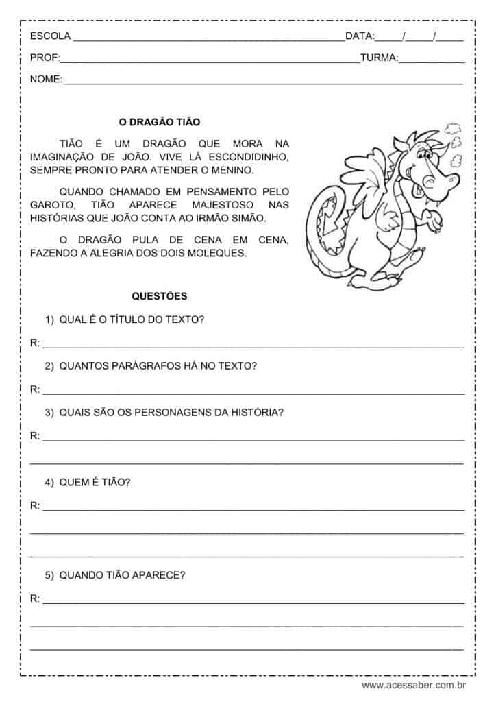 Interpretação de texto: O dragão Tião – 1º ou 2º ano Interpretação de texto: O dragão Tião - 1º ou 2º ano