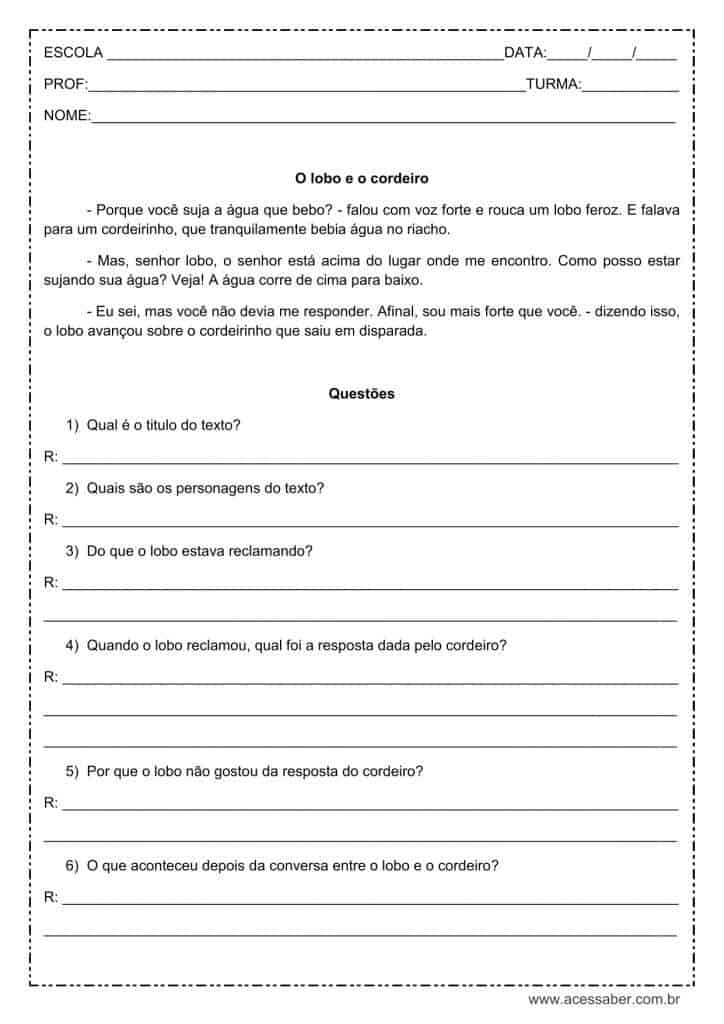 Interpretação de texto: O lobo e o cordeiro – 2º ou 3º ano Interpretação de texto: O lobo e o cordeiro - 2º ou 3º ano