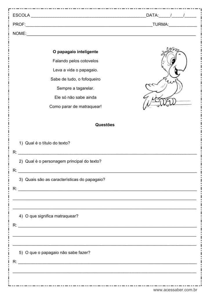 Interpretação de texto: O papagaio inteligente – 3º ou 4º ano Interpretação de texto: O papagaio inteligente - 3º ou 4º ano