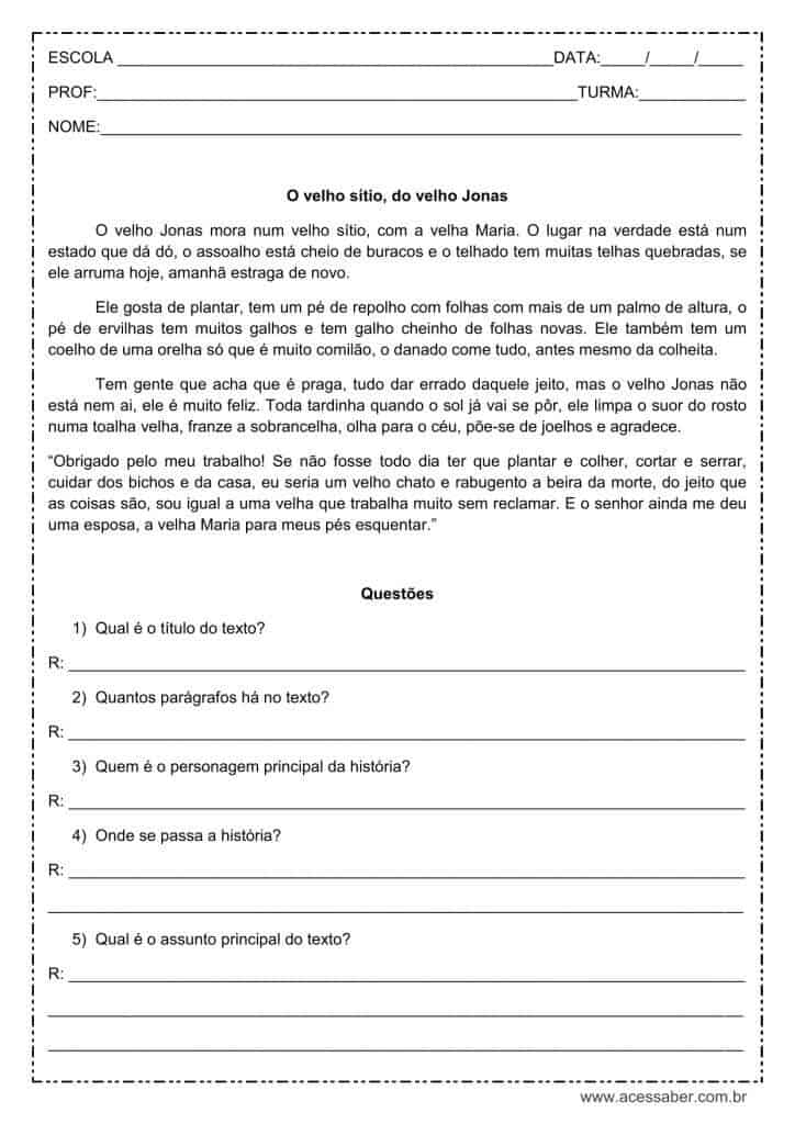 Interpretação de  texto: O velho sítio, do velho Jonas – 3º ou 4º ano Interpretação de texto: O velho sítio, do velho Jonas - 3º ou 4º ano