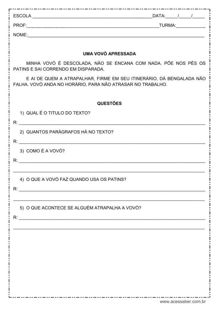 Interpretação de texto: Uma vovó apressada – 1º ou 2º ano Interpretação de texto: Uma vovó apressada - 1º ou 2º ano
