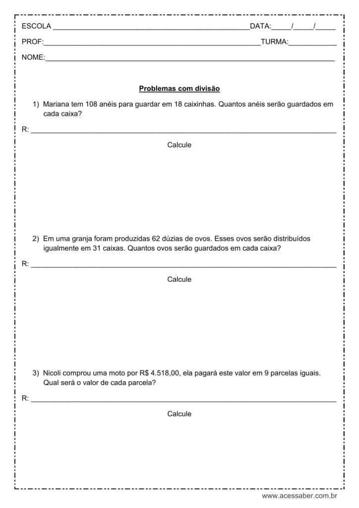 Avaliação de matemática: soma e subtração, sistema monetário, multiplicação  e divisão - 4º ou 5º ano - Acessaber