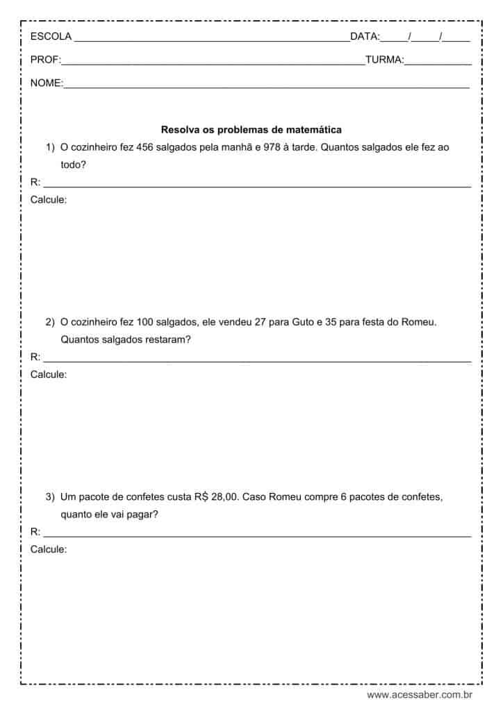 Problemas de matemática – 3º ou 4º ano Problemas de matemática - 3º ou 4º ano