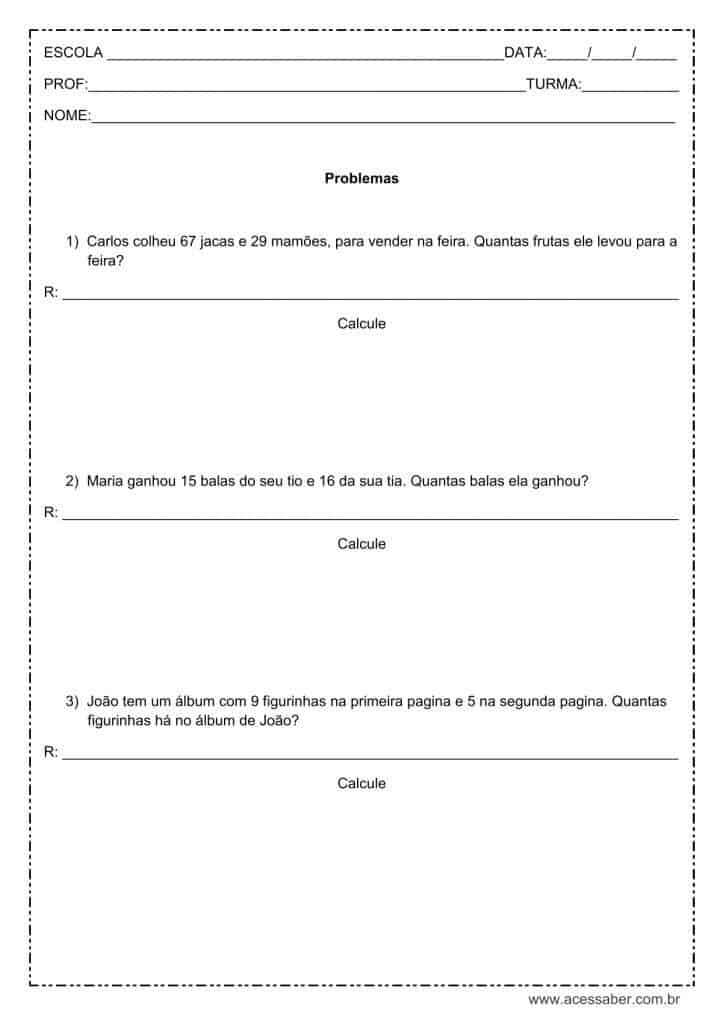 Problemas de matemática: Adição – 2º ou 3º ano Problemas de matemática: Adição - 2º ou 3º ano