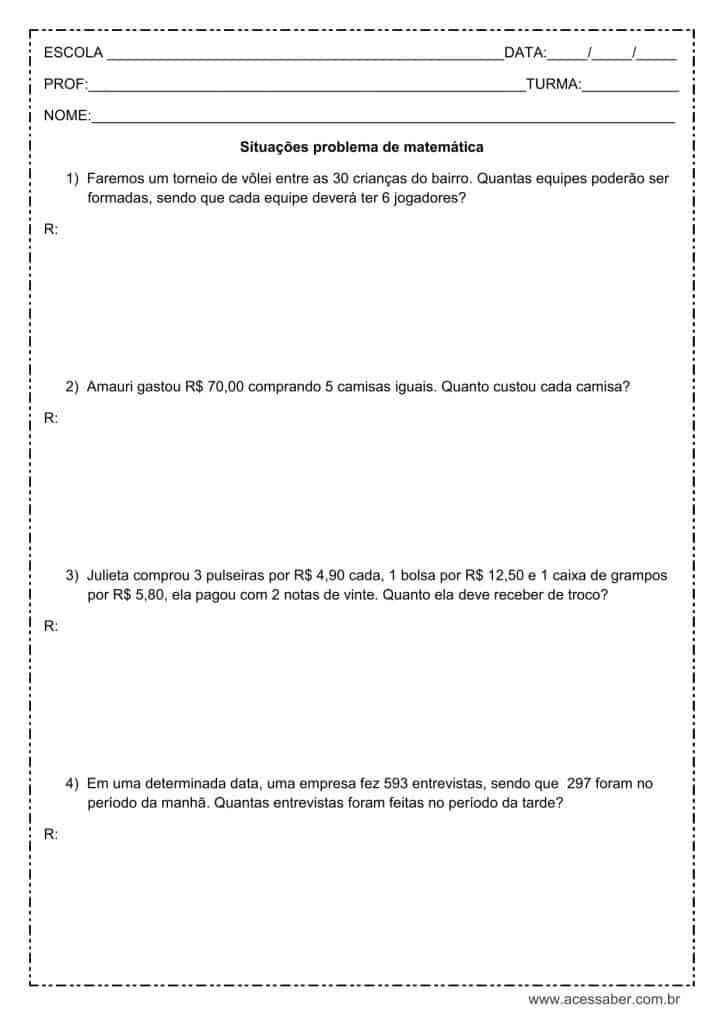 Avaliação de matemática: soma e subtração, sistema monetário, multiplicação  e divisão - 4º ou 5º ano - Acessaber