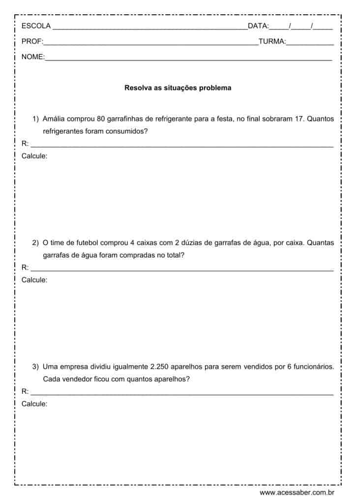 Atividade de matemática: Situações problema - 3º ano - Acessaber