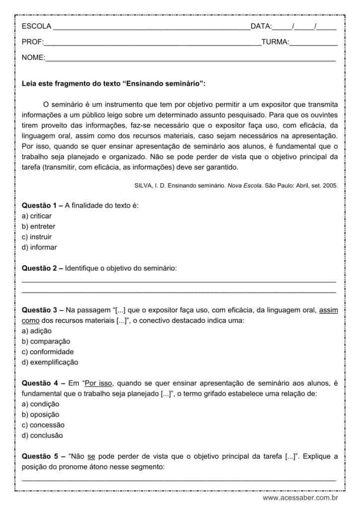 Atividade de língua portuguesa: Colocação pronominal - 8º ano