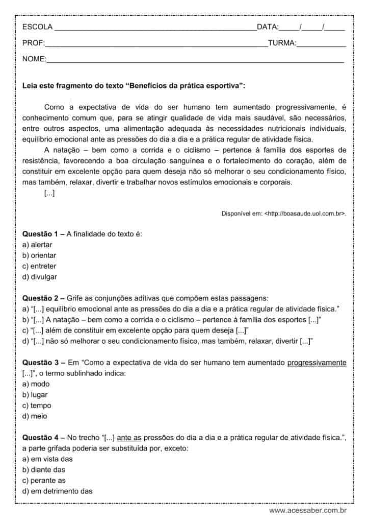 Atividade de língua portuguesa: Conjunções aditivas - 9º ano