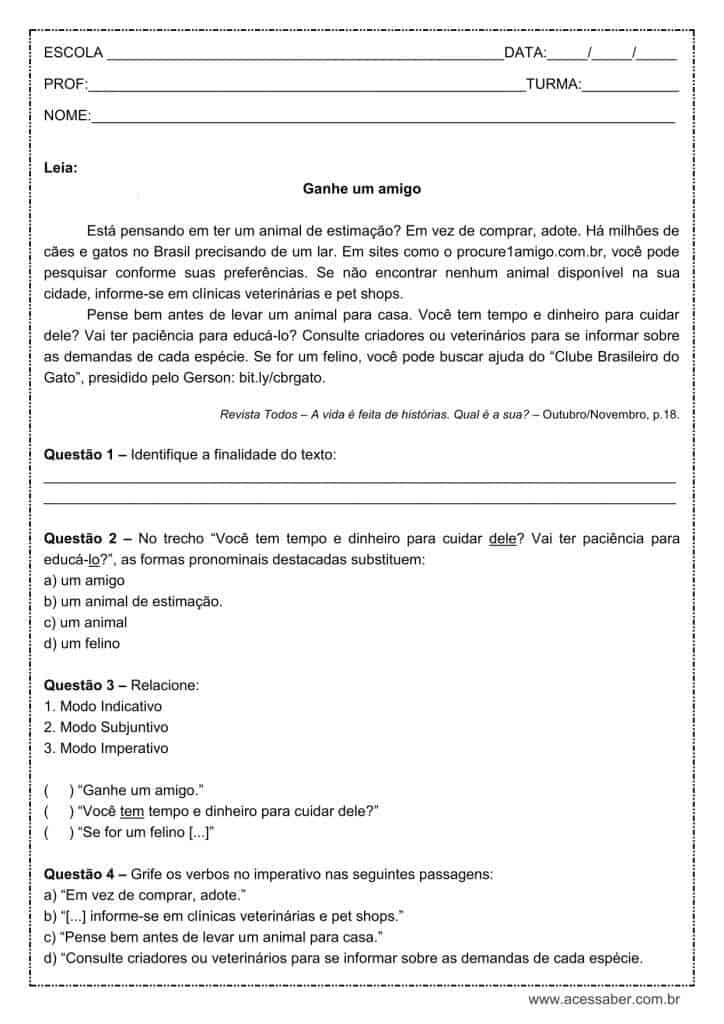 Atividade de língua portuguesa: Modo imperativo - 9º ano