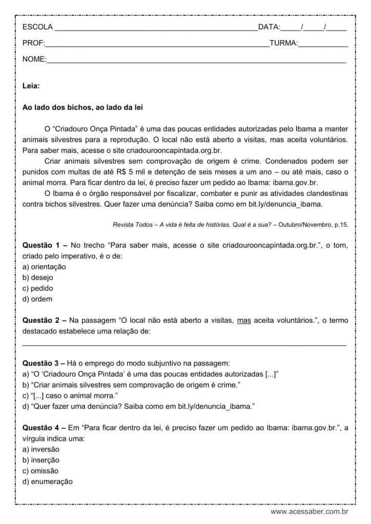 Atividade de língua portuguesa: Modo Subjuntivo - 8º ano