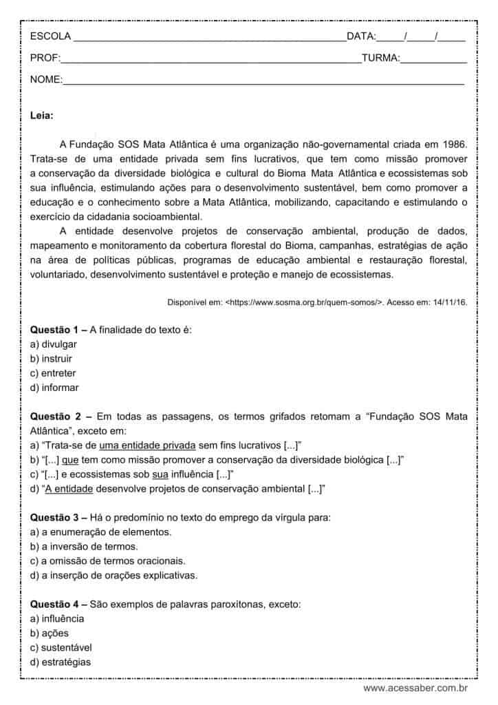 Atividade de língua portuguesa: Paroxítonas - 9º ano