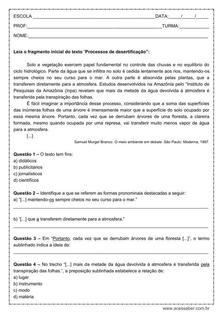 Atividade de português: Preposição – 8º ano Atividade de língua portuguesa: Preposição - 8º ano