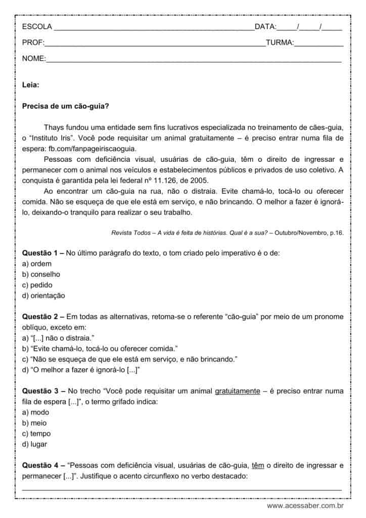 Atividade de língua portuguesa: Pronome oblíquo - 9º ano