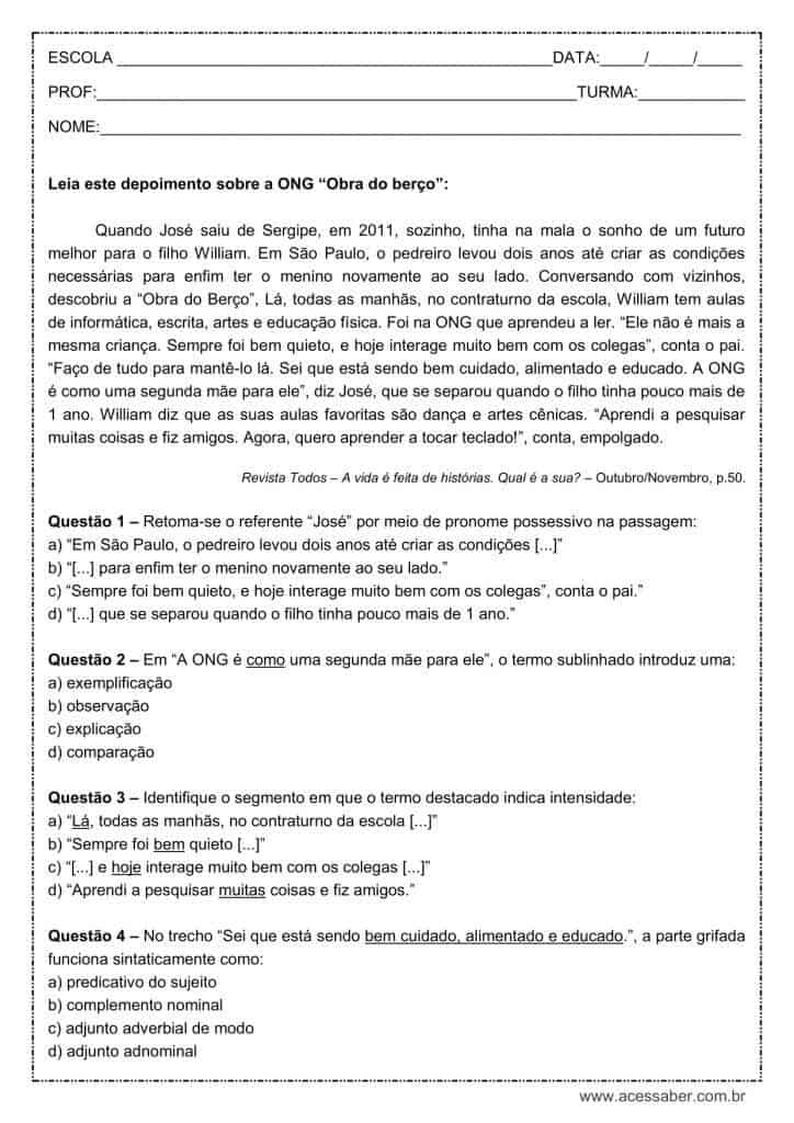 Atividade de língua portuguesa: Pronome possessivo - 9º ano