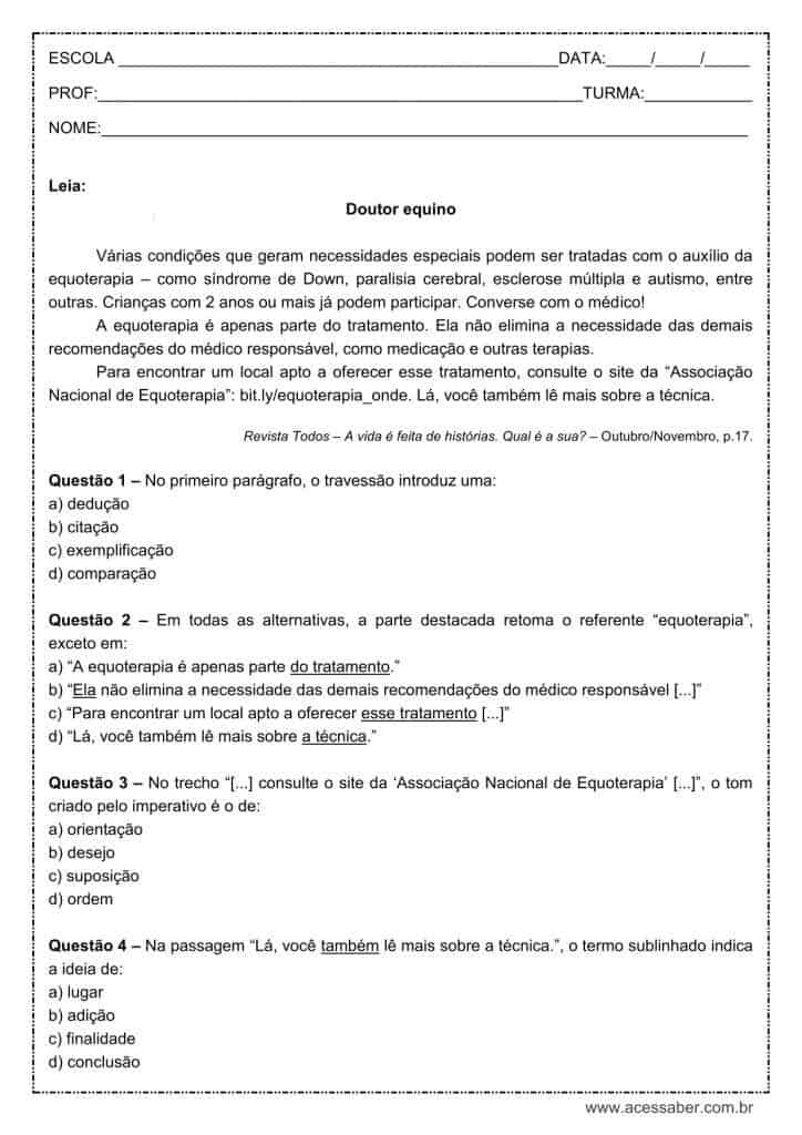 Atividade de língua portuguesa: Travessão - 8º ano
