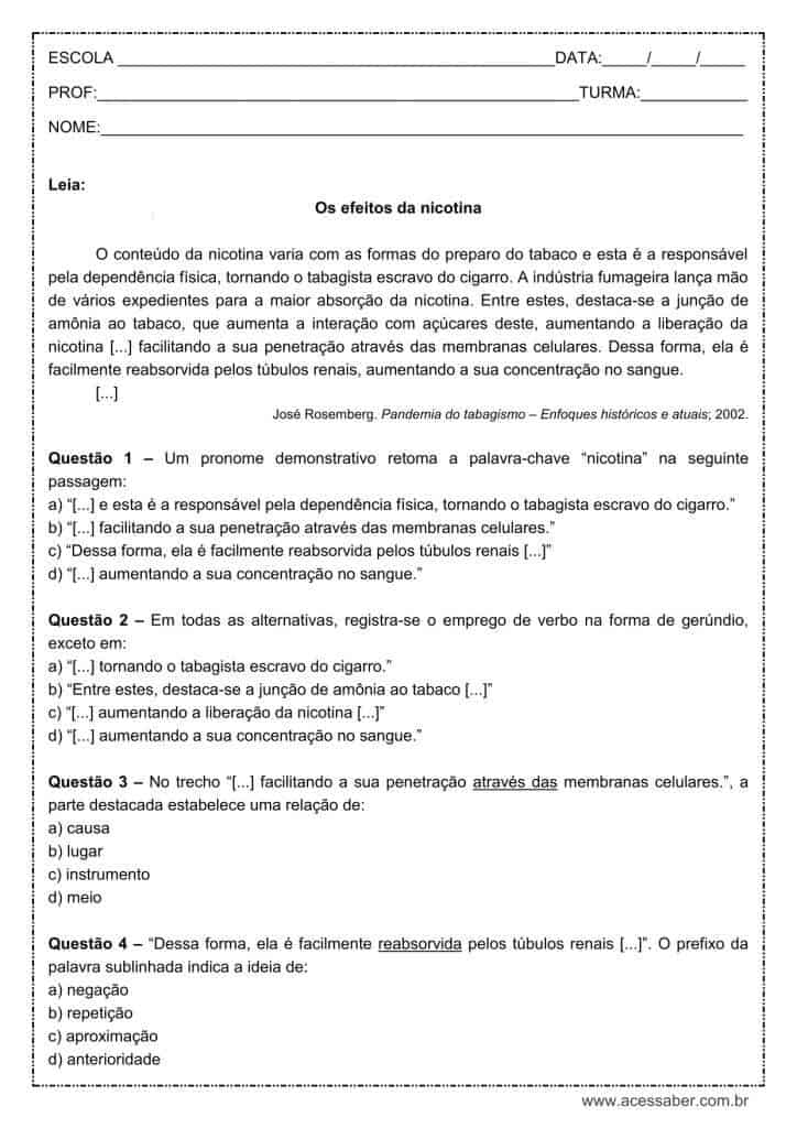 Atividade de português: Verbo no gerúndio – 8º ano Atividade de língua portuguesa: Verbo no gerúndio - 8º ano