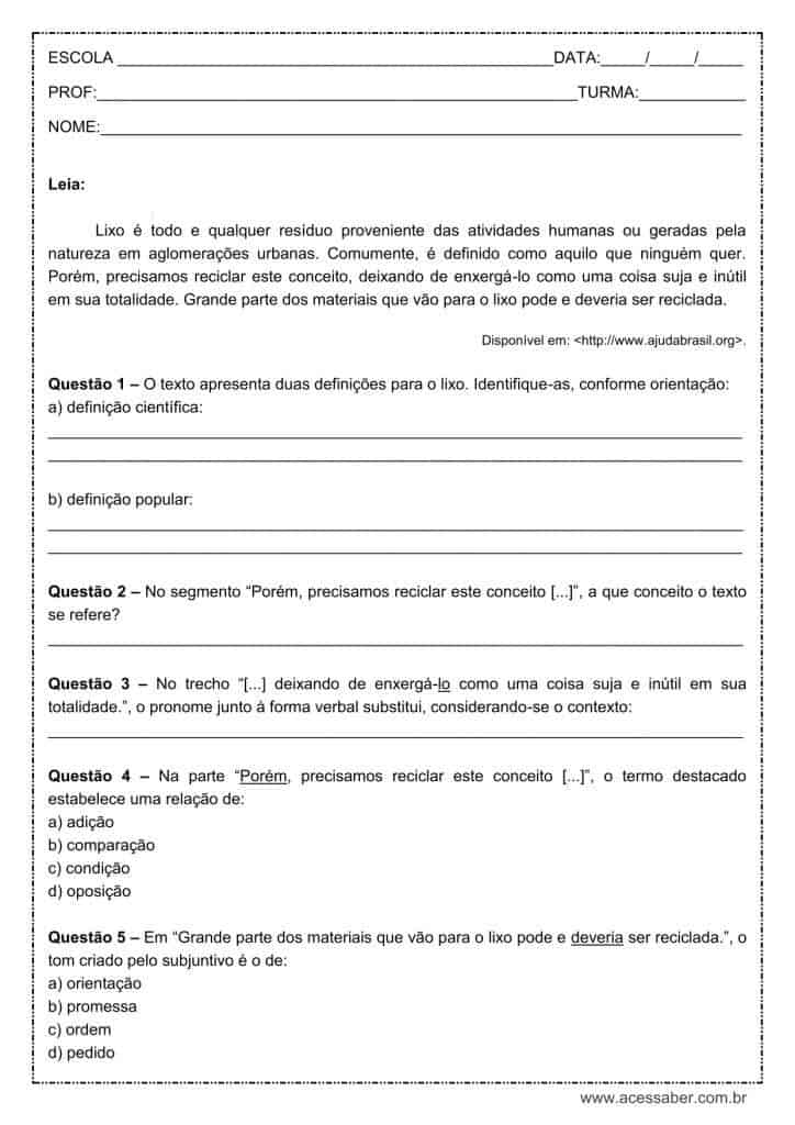 Atividade de português: Verbo no subjuntivo – 8º ano Atividade de língua portuguesa: Verbo no subjuntivo - 8º ano