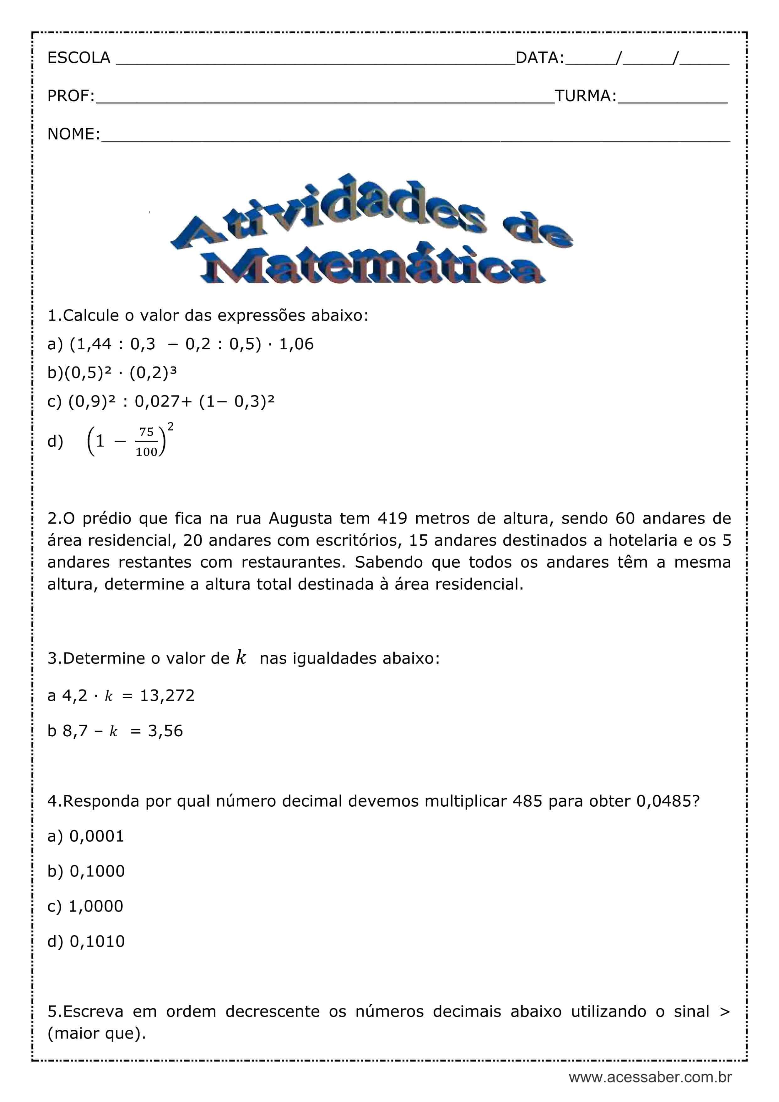 Exercicios sistema de numeração decimal 6 ano com gabarito doc Atividades De Matematica Numeros Decimais 6º Ano Acessaber