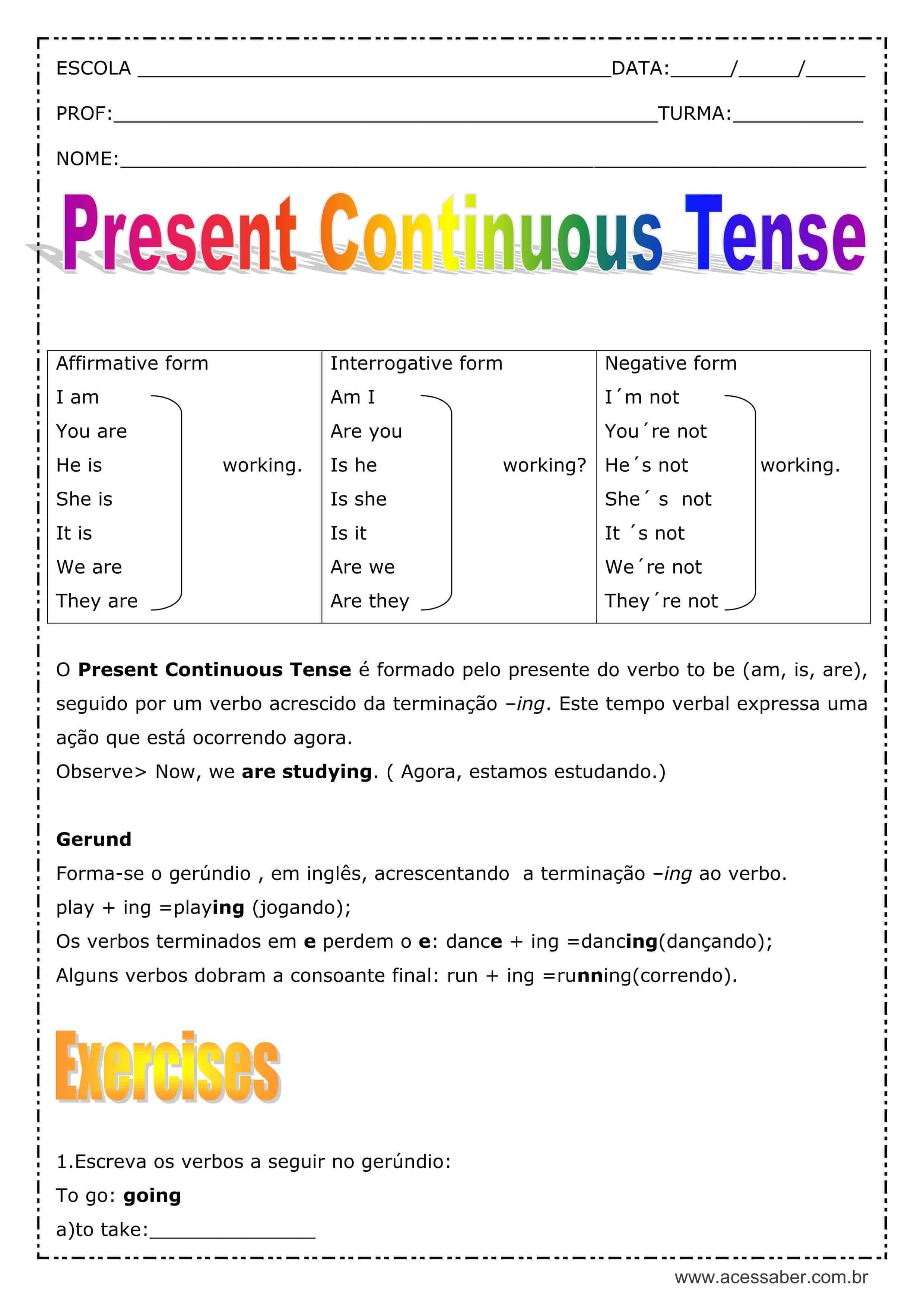 Atividade de inglês: Present Continuous Tense - 7º ano - Acessaber
