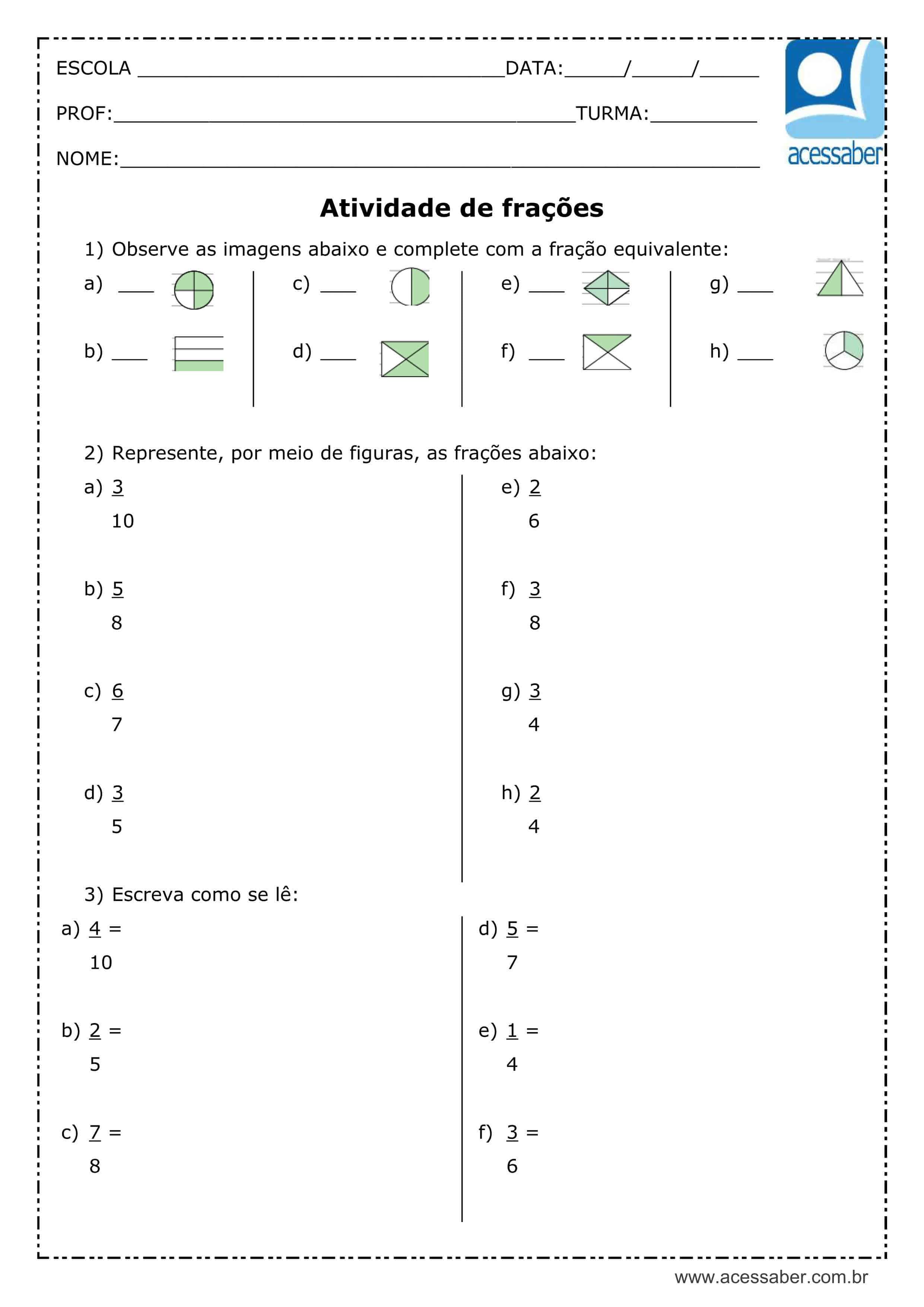 Atividade de Matemática sobre Frações - 6º Ano - 7º Ano - Com gabarito