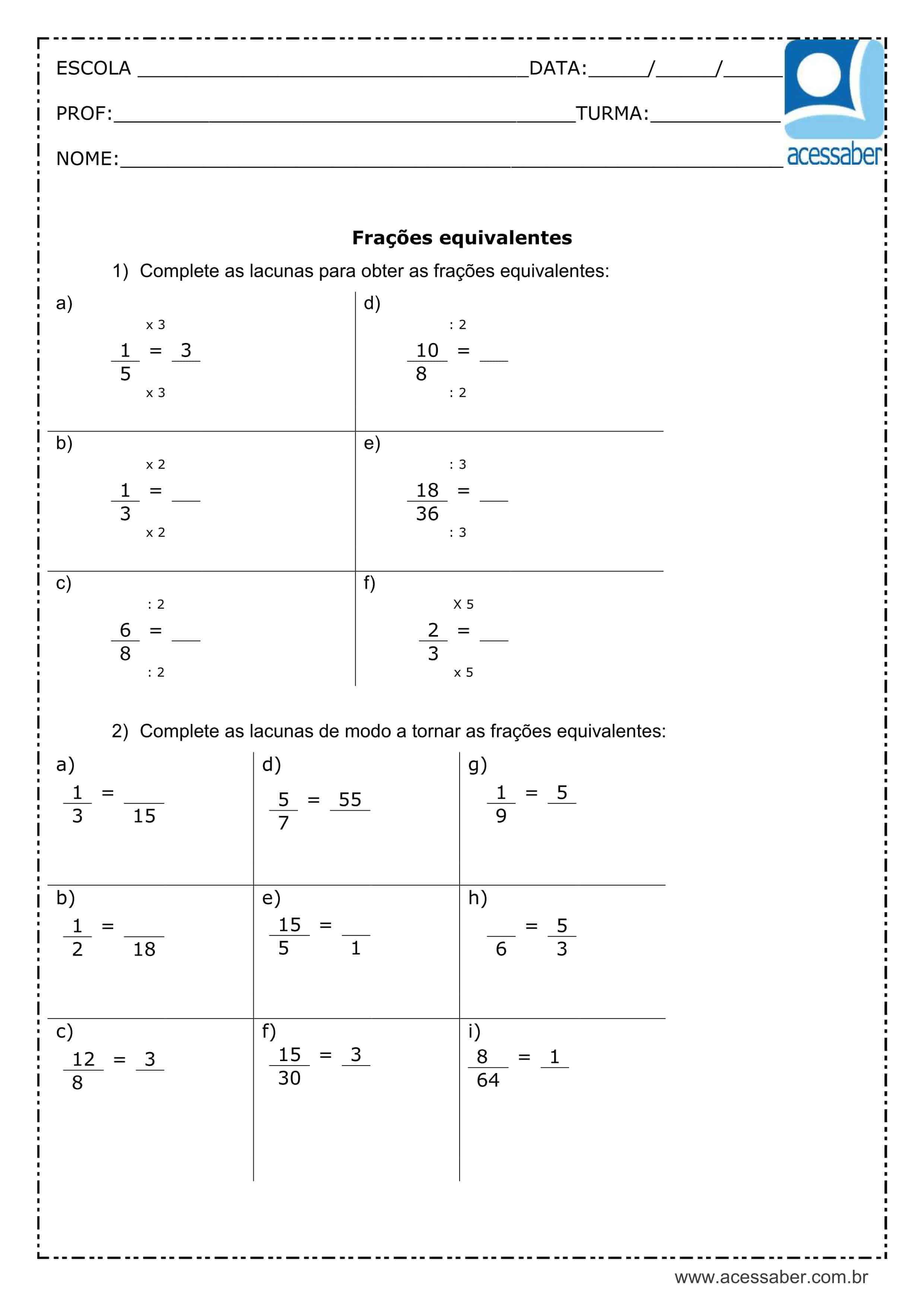 Exercícios de Simplificação de fração - Matemática