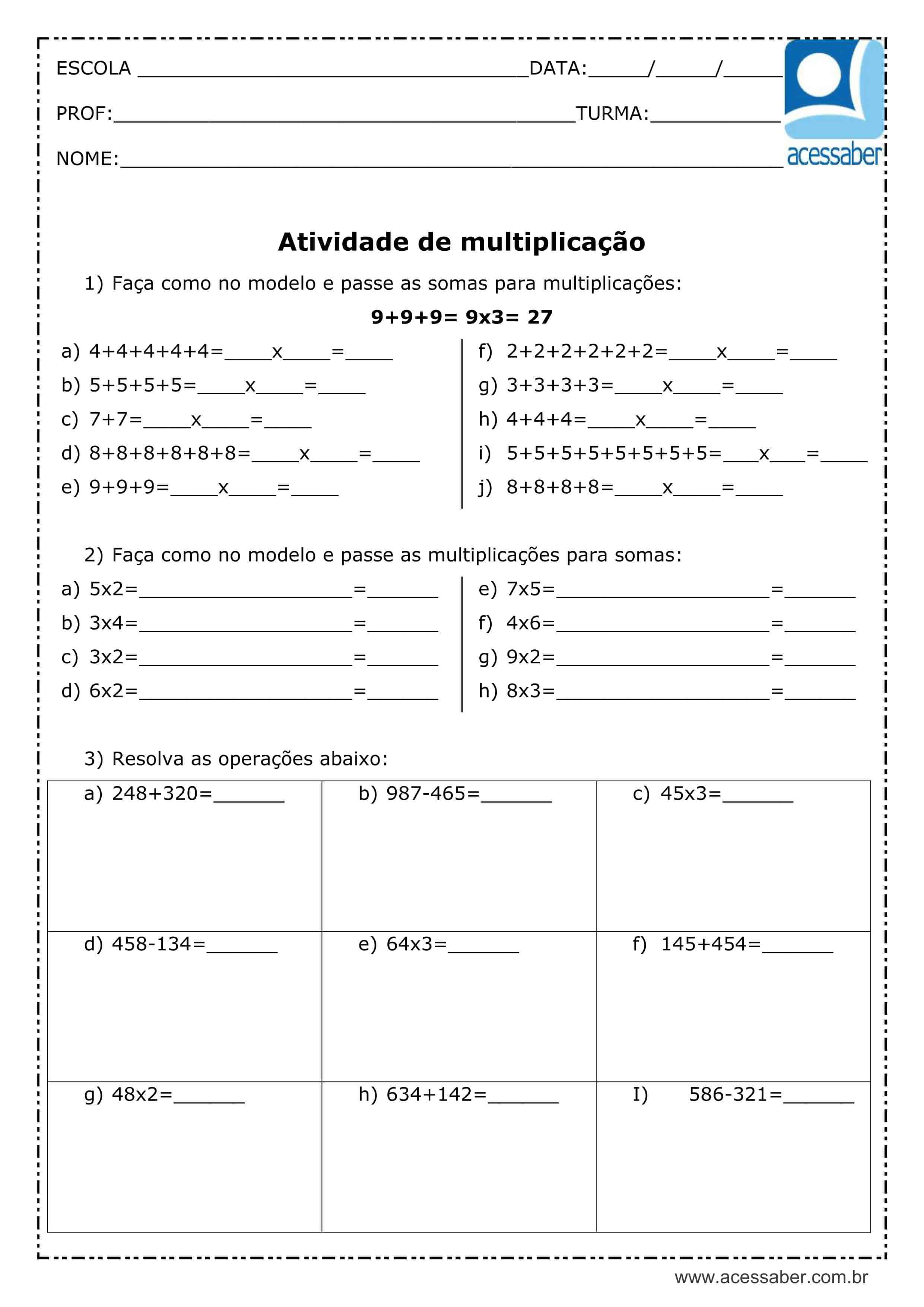 Contas de Multiplicação - 3º ano e 4º ano - Atividade de Matemática