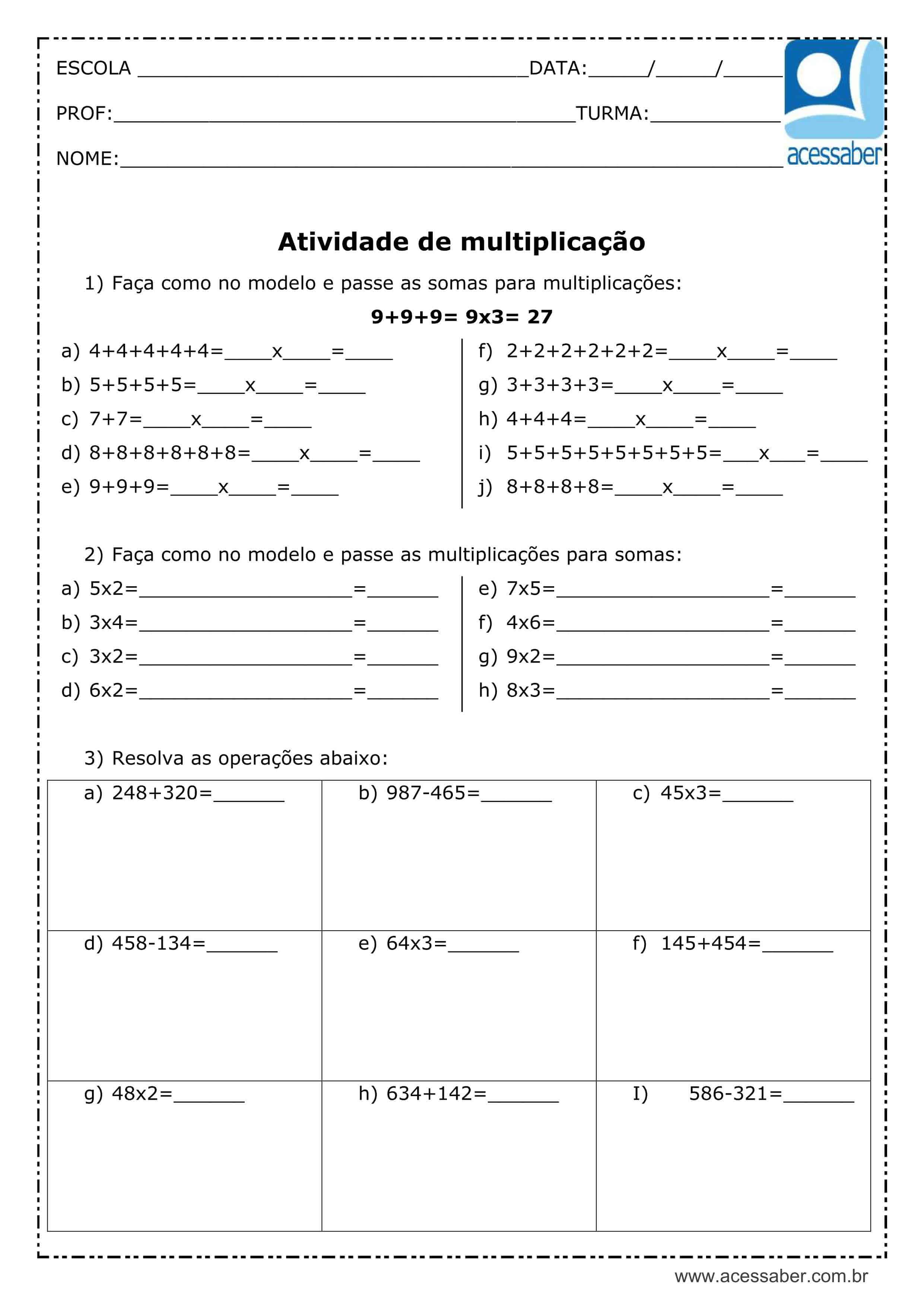 Atividades Escolares: Multiplicação