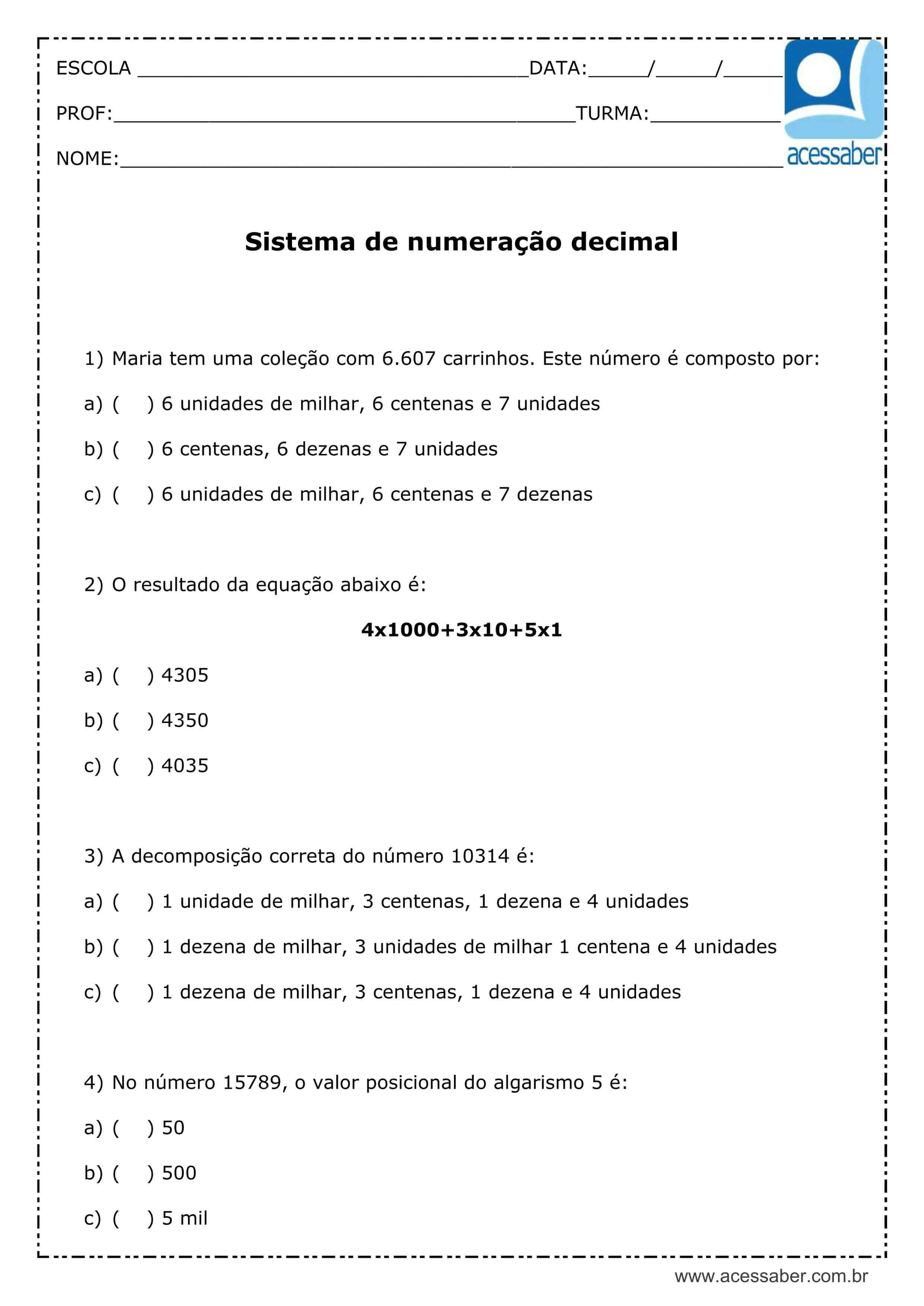 Exercicios sistema de numeração decimal 6 ano com gabarito doc Atividade De Matematica Sistema De Numeracao Decimal 4º Ou 5º Ano Acessaber