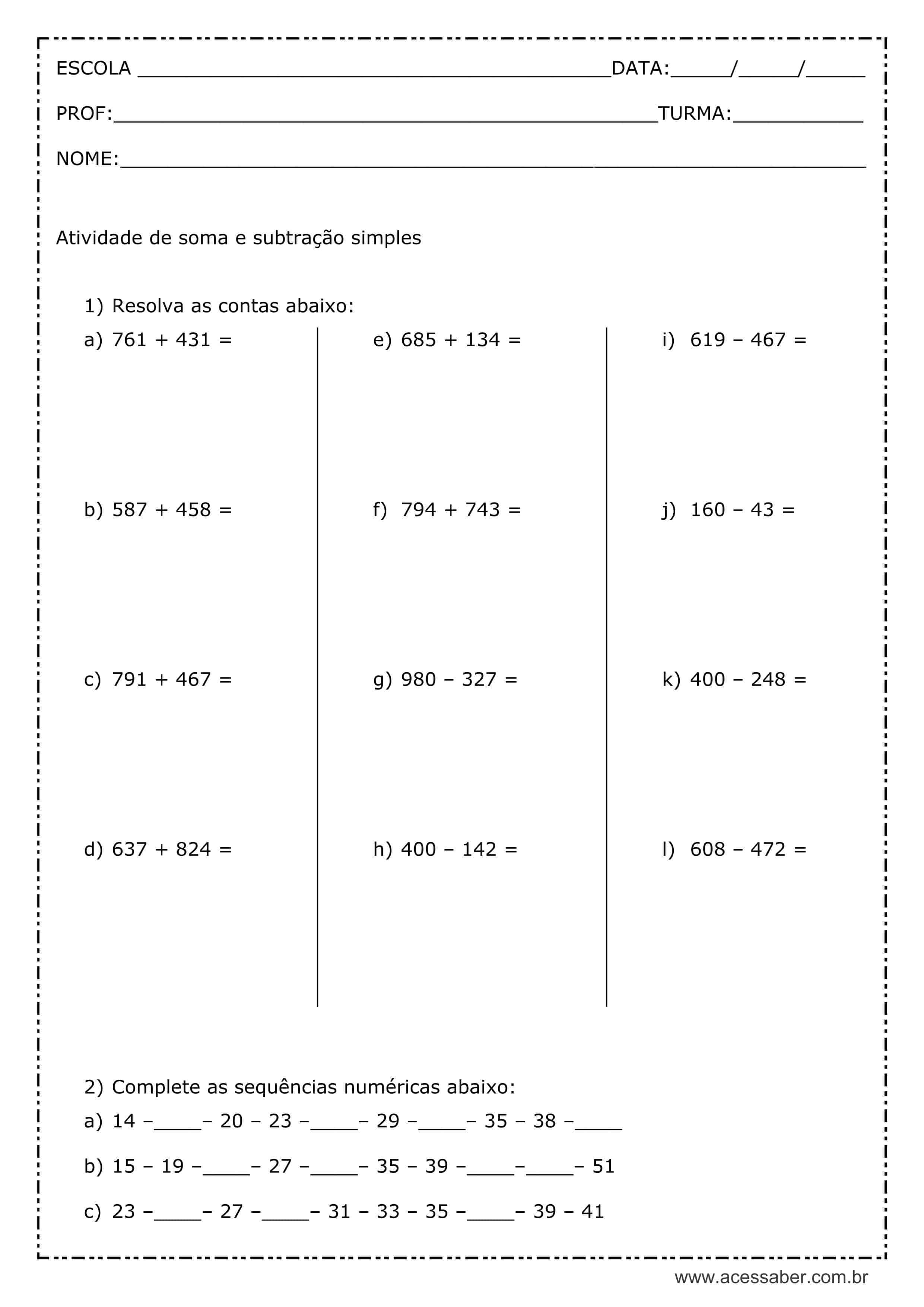 Atividade de matemática: Soma e subtração com reserva - 2º ou 3º ano -  Acessaber