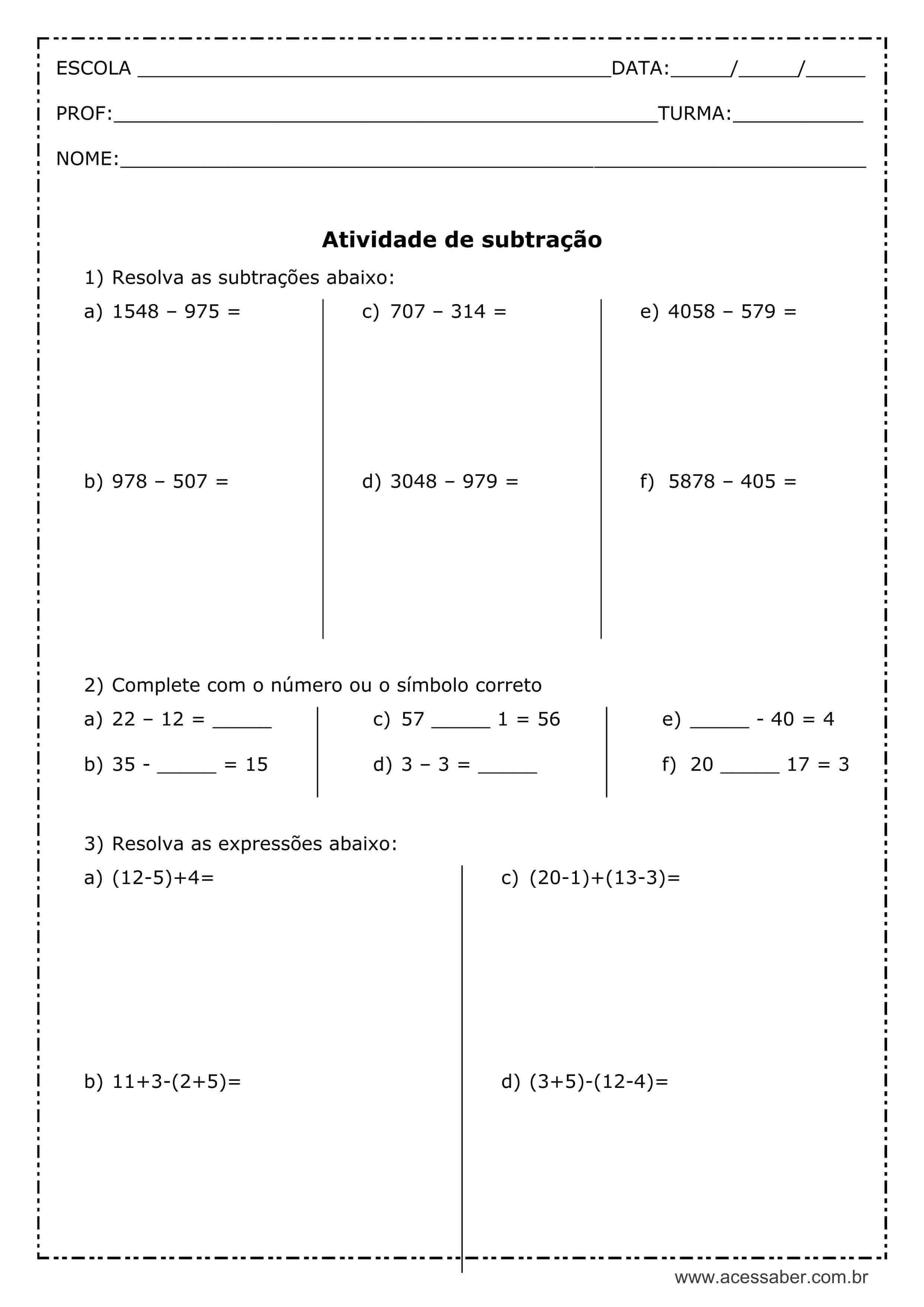 Atividade de Matemática de Subtração (Teacher-Made)