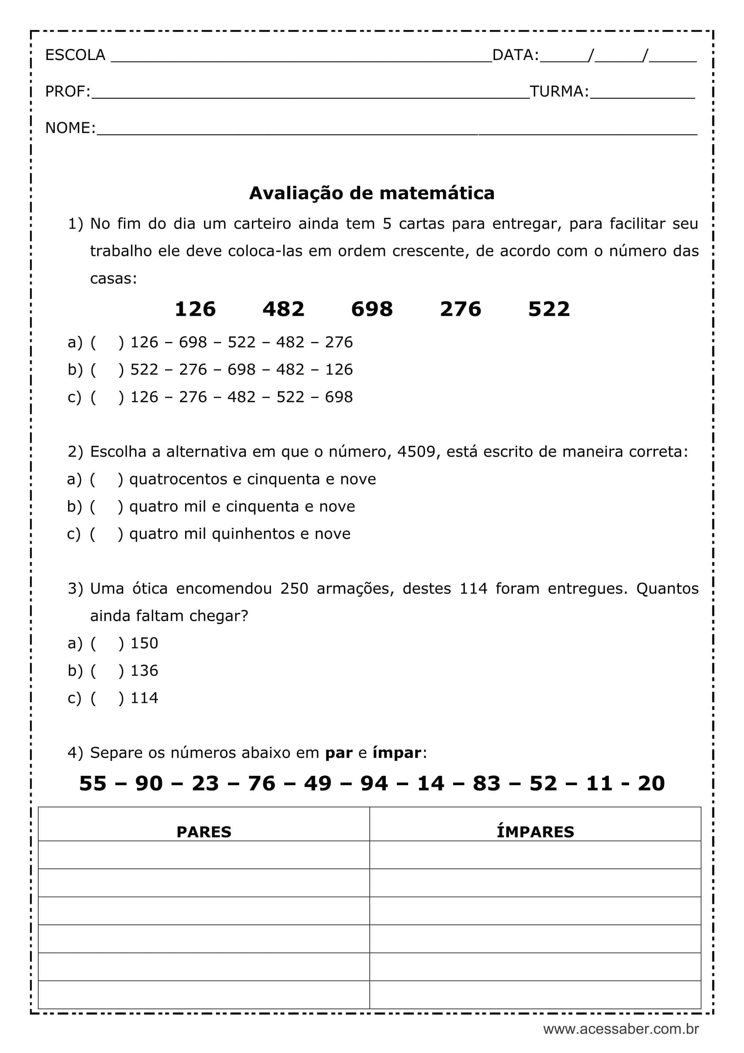 AVALIAÇÃO DE MATEMÁTICA: 4º ANO DO ENSINO FUNDAMENTAL 1