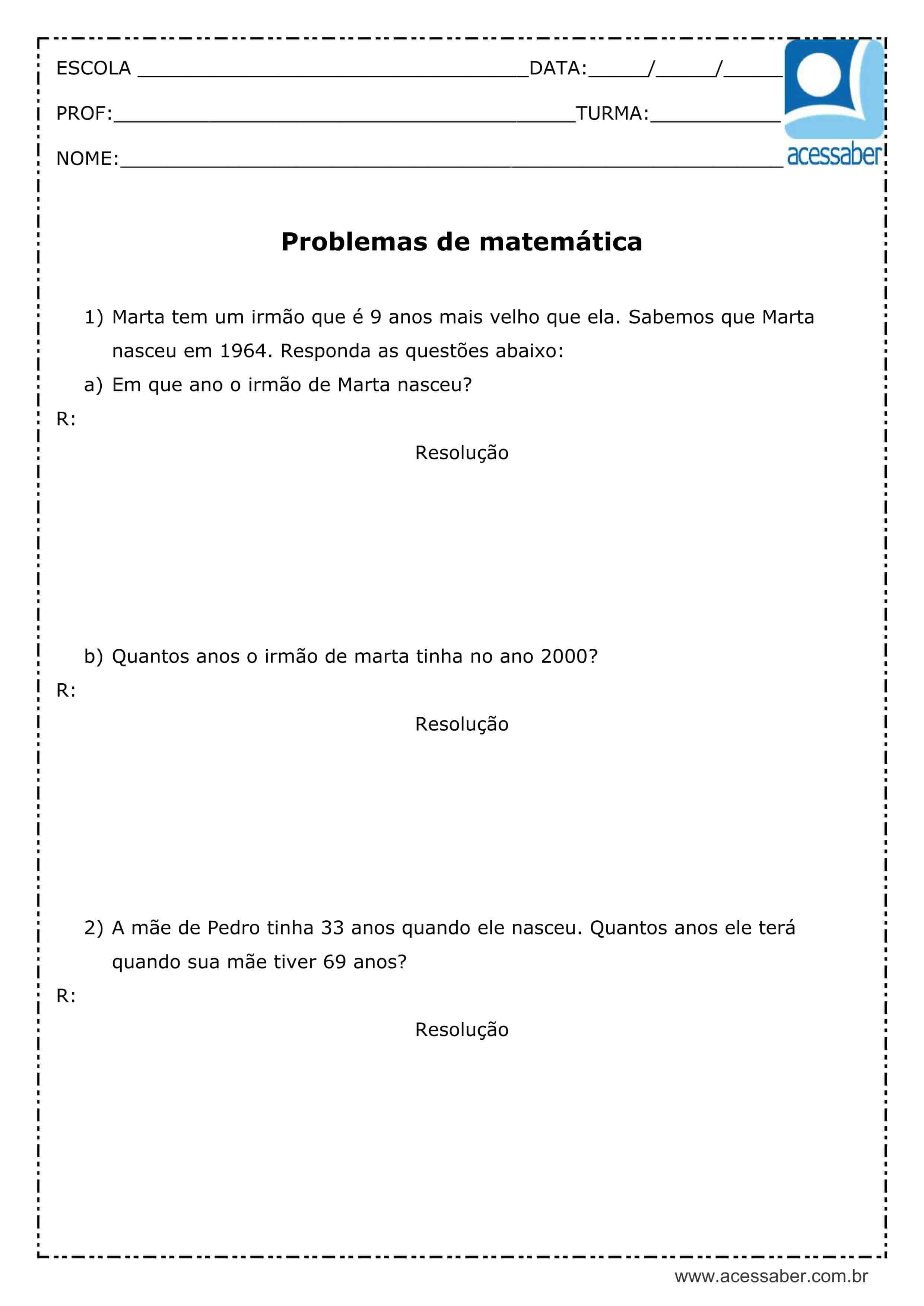 Atividade De Matematica Problemas 4Âº Ou 5Âº Ano Acessaber