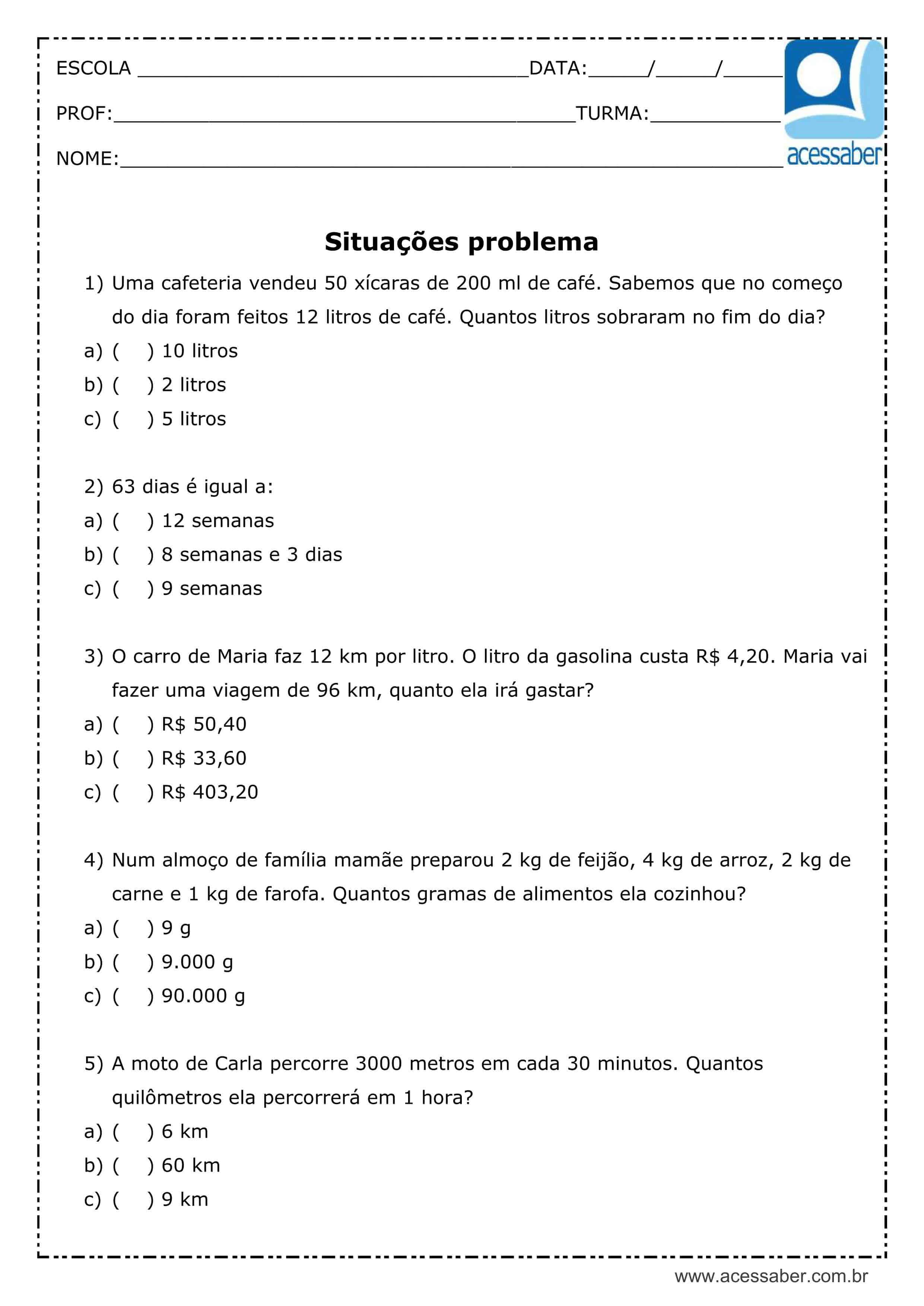 Atividades De Matematica 5 Ano Situações Problemas Com Gabarito EDUCA