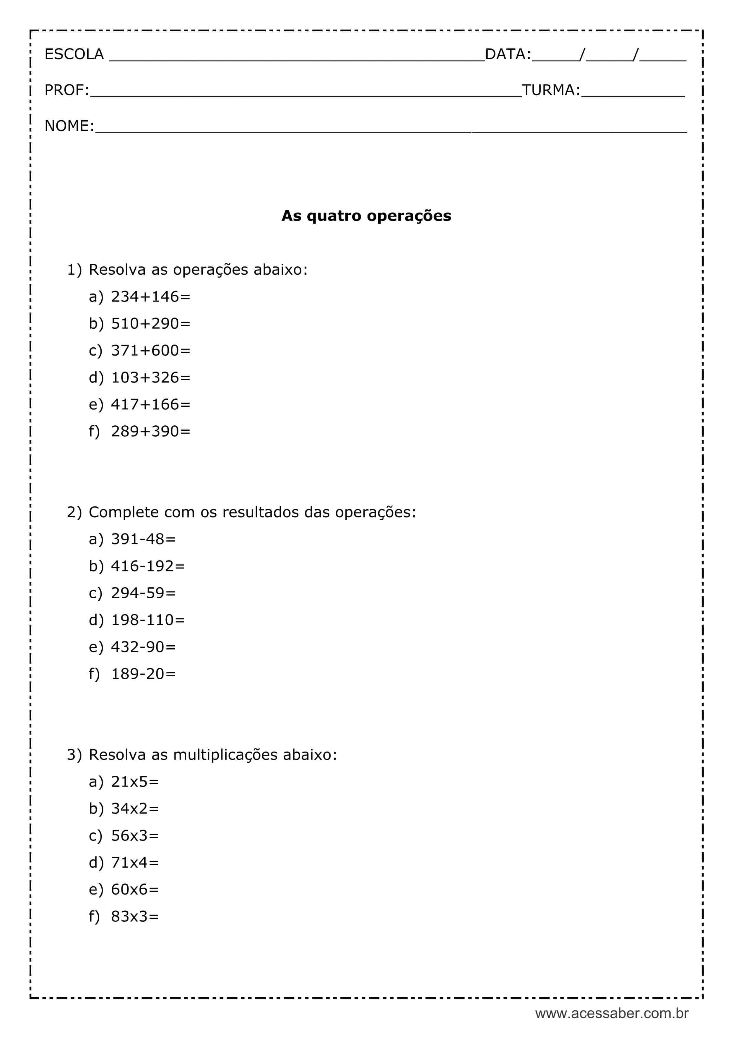 Exercícios de Matemática para o 3º Ano – Operações Básicas