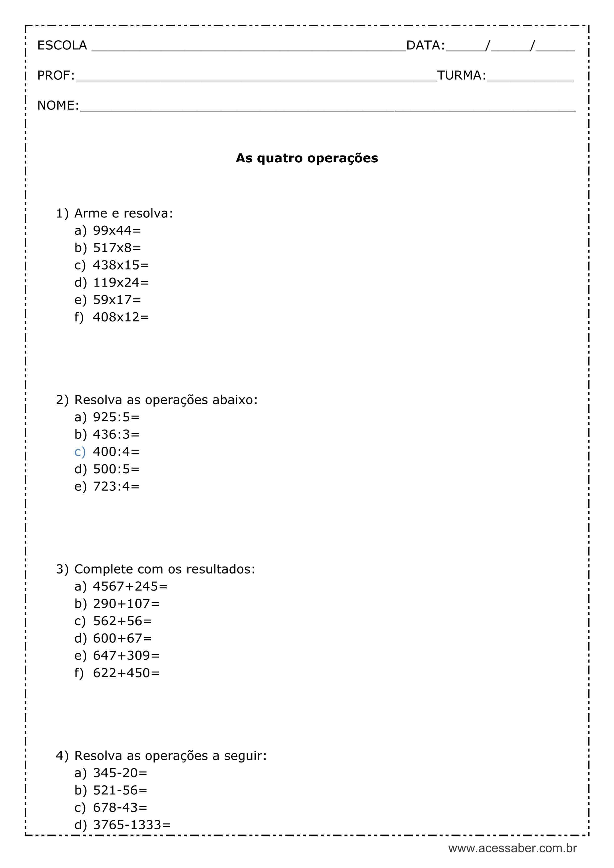 Atividade Escolar de Matemática: Contas com as Quatro Operações Para  Imprimir.