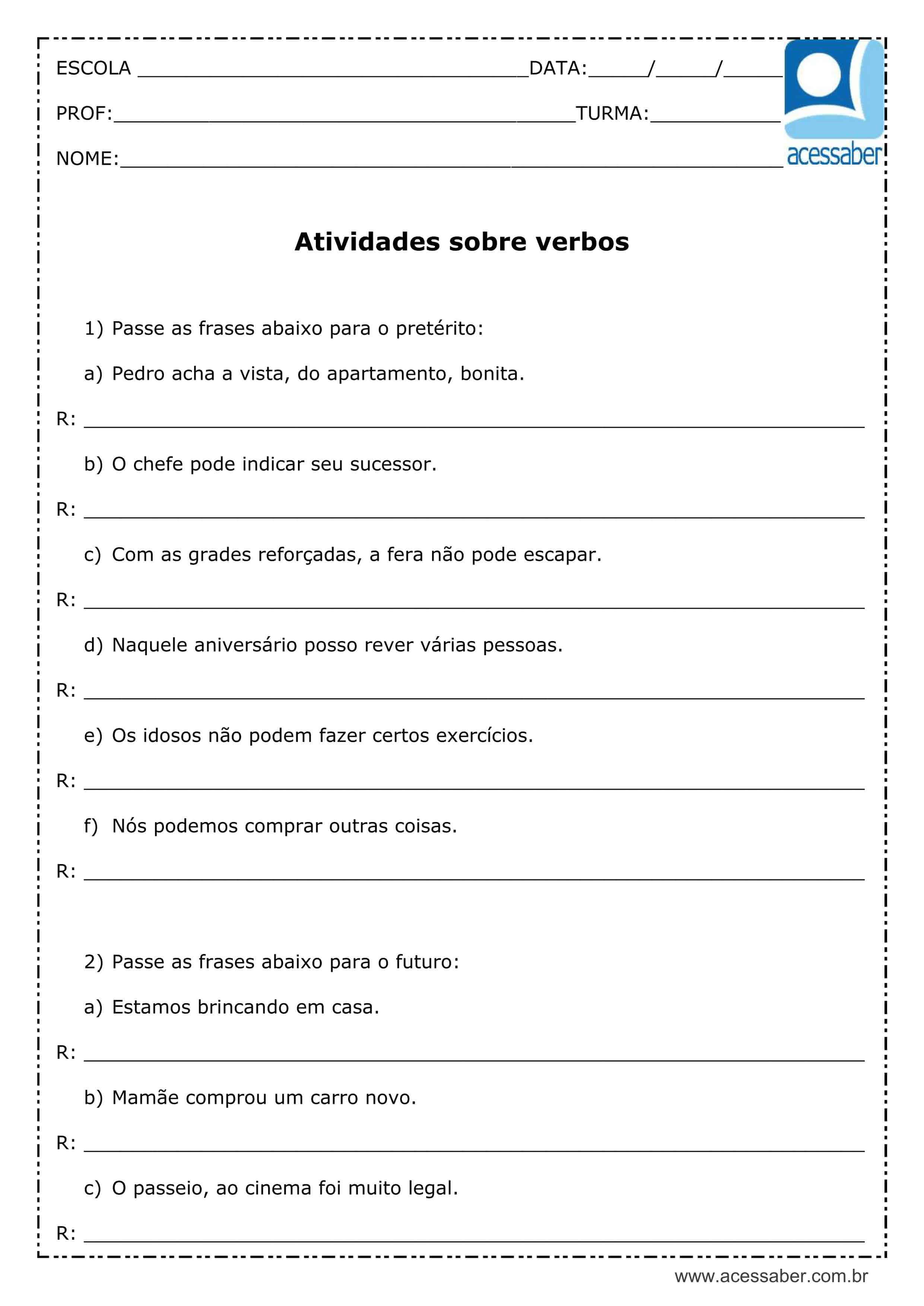 verbos tempos verbais exercicios, Exercícios Português (Gramática -  Literatura)