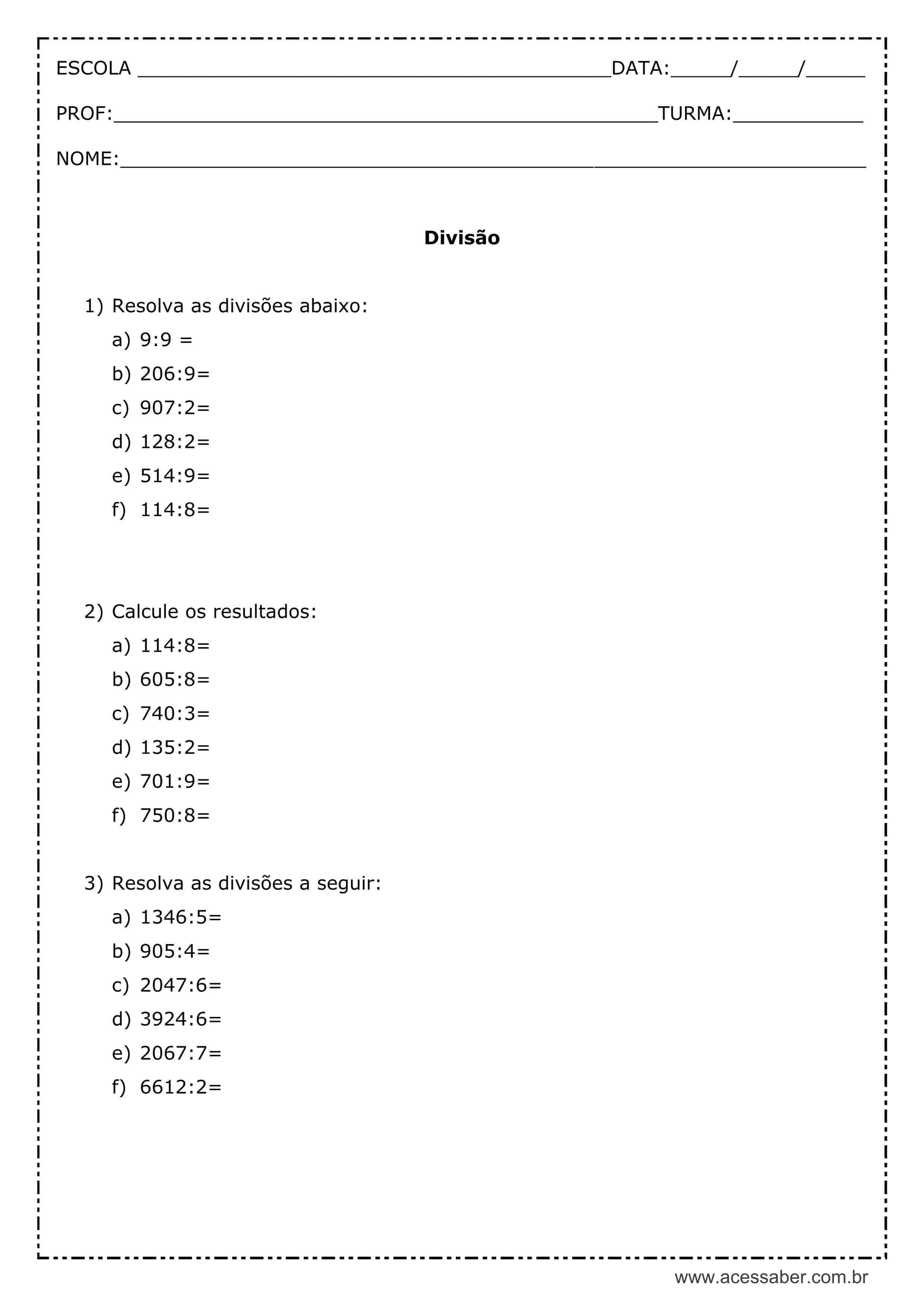 Atividade de Matemática para o 4º ano sobre divisão